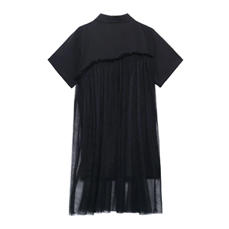 

SeeBeautiful Simple Casual Doll Mesh Stitching Loose Dress Lapel Short Sleeve Button Woman Summer 2021 New Fashion E603