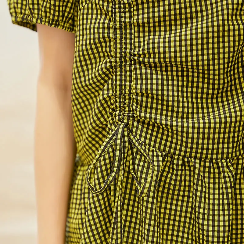 

XITAO Plaid Draw String Pleated Dress Summer New Women Splicing Casual Loose V-neck Collar Puff Sleeve Fashion Trendy WMD0671
