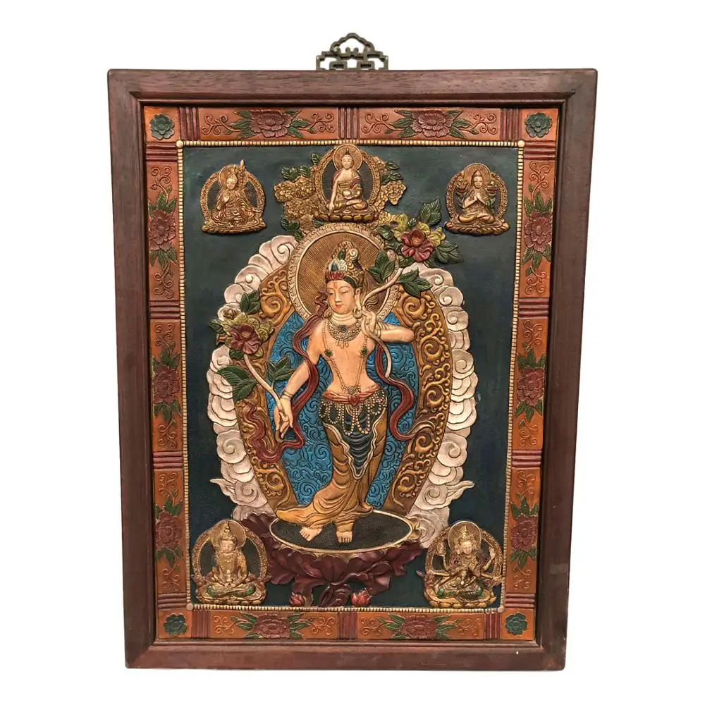 

LaoJunLu инкрустированная деревянная рамка медная тангка окрашенная двойной лотос Гуаньинь статуя Будды Бодхисаттва висячий Экран Медная тан...