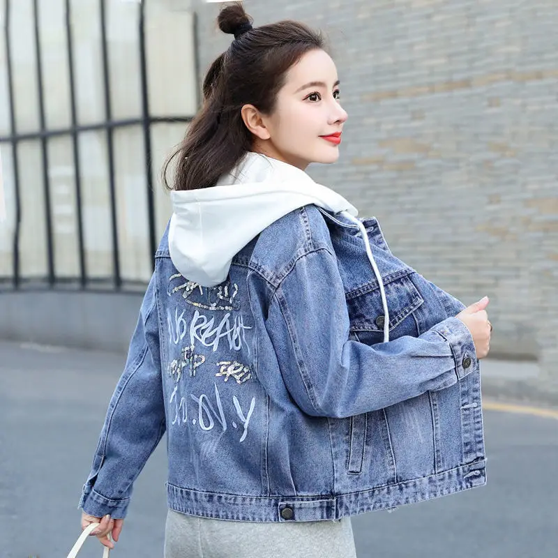 

Embroidery Hooded Letter Blue Denim Jacket Casual Women Spring Autumn Coat Fashion Long Sleeve Crop Tops Student COTTON Fall