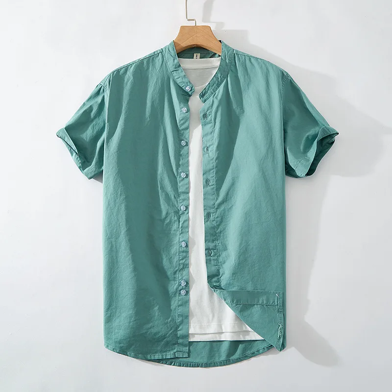 

Рубашка мужская из ткани Оксфорд, короткий рукав, воротник-стойка, Тонкий Повседневный Топ для молодежи, на лето