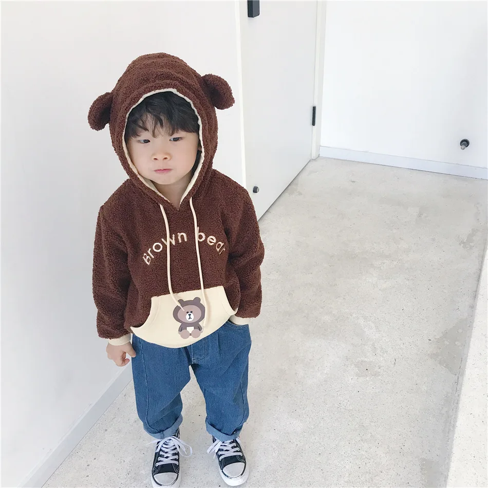 Tonytaobaby/Новинка; зимняя детская одежда для мальчиков и девочек; флисовая толстовка с капюшоном с изображением медведя и кролика