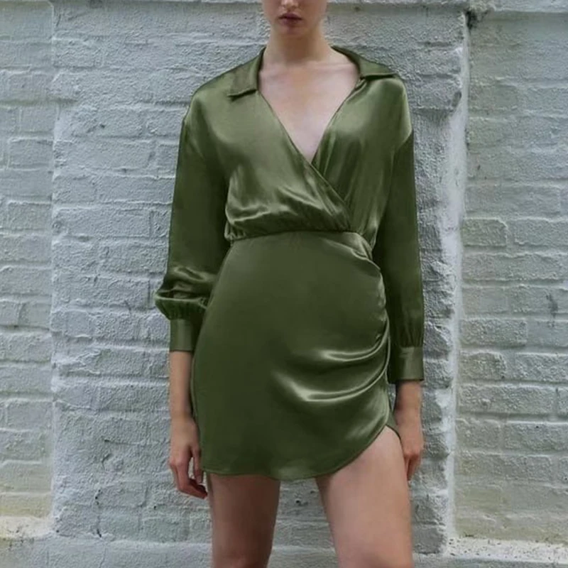 

WXWT Za женское однотонное атласное текстурированное платье-рубашка с длинным рукавом женское уличное мини-платье А-силуэта HH5925