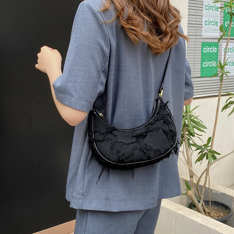

Shoulder Bag For Women 2021 New Female Crossbody Bag Trending Unique Ladies Retro Handbag Moon Shape White Black