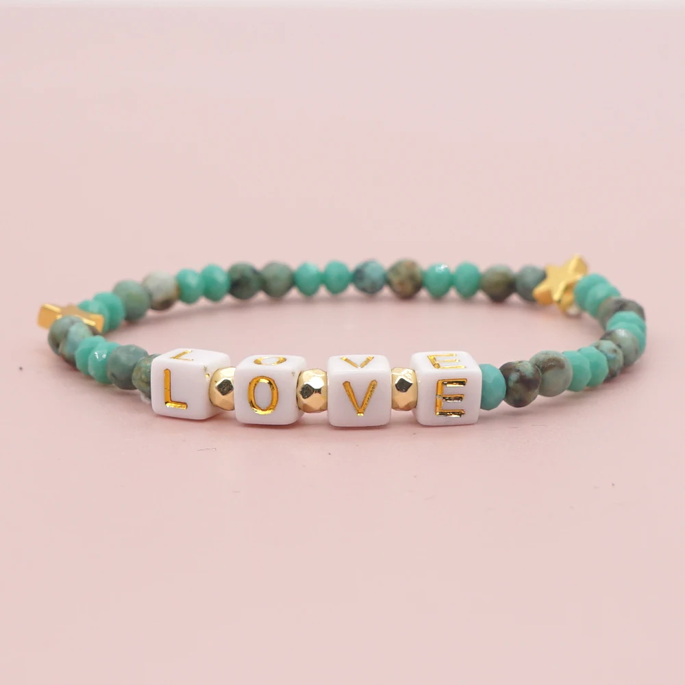 

Go2Boho Turquoises Beaded Bracelets Natural Stone Crystal Beads Bracelet Charms Letter LOVE Valentine's Pulseras Vintage Jewelry