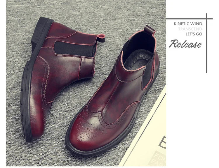 Winter PU Chelsea Boots Men Elastic Band Pointed Toe Ankle Boots Solid Casual Motorcycle Shoes Plus Size Black Brown