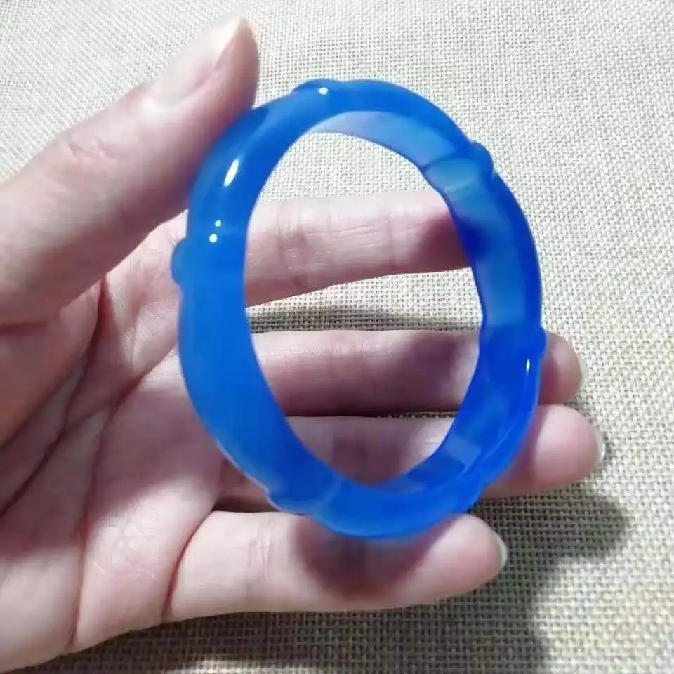 

100% Class A Natural Chalcedony Blue Bracelets Women Handcarved Jade Bangle Jewelry Jadeite Bangles Real Agate Gift Bracelet