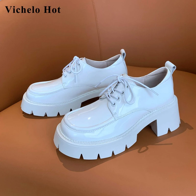 

Vichelo Hot genuine leather round toe high heels vintage solid preppy style sewing fashion simple style lace up women pumps L03