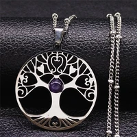 purple crystal stainless steel tree of life charm necklaces menwomen silver color necklaces jewelry bijou femme n52s04