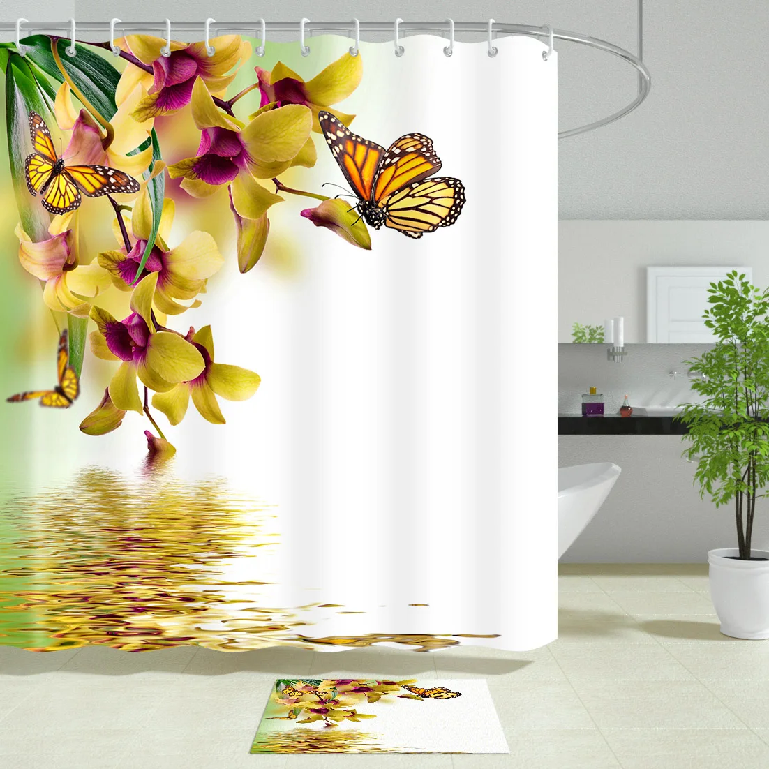 

Bathroom Shower Curtains Flowers Butterflies Bath Screen Home Decor Polyester Fabric Waterproof Mildew Proof with 12 Hooks