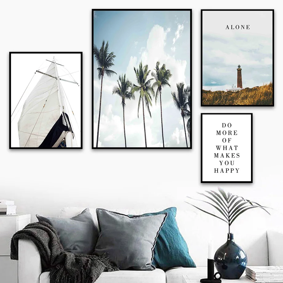 Sailboat Beach Coconut Tree Lighthouse Wall Art Canvas Painting Nordic Posters And Prints Pictures For Living Room Decor | Дом и сад