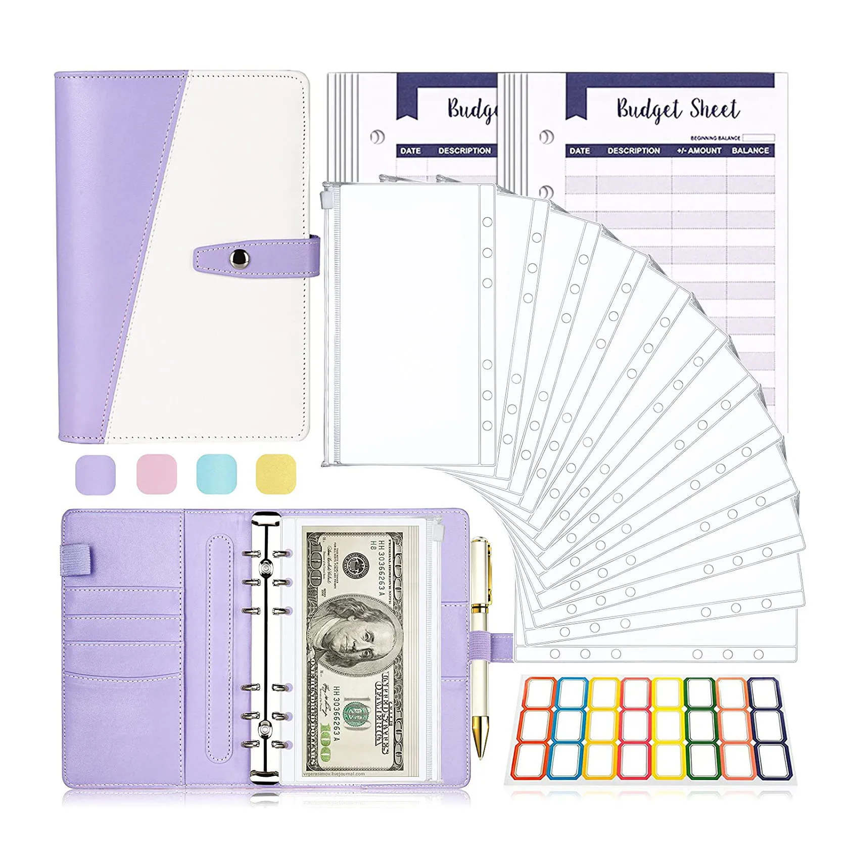 

26 Pieces A6 Budget Binder Cash Envelopes System with 12pcs Binder Zipper Pockets 12pcs Budget Sheets and Self-adhesive Labels