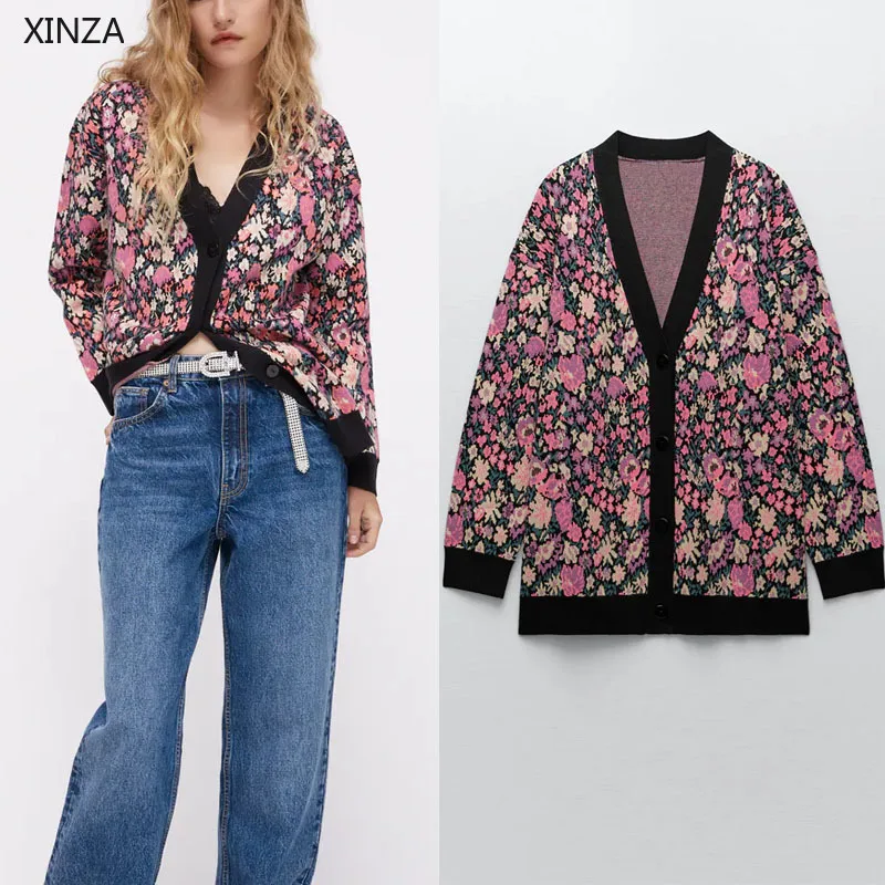 

Женский вязаный жаккардовый кардиган Za, винтажный Свободный кардиган с длинным рукавом и V-образным вырезом, зима 2021