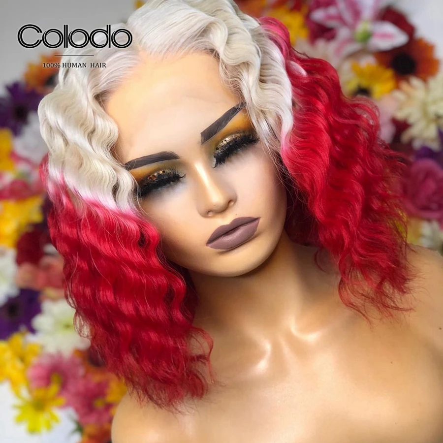 Колодо 150% Плотность Красный Омбре боб парик на кружеве бесклеевая глубокая волна 13х4 короткие парики из человеческих волос Remy бразильские парики для женщин