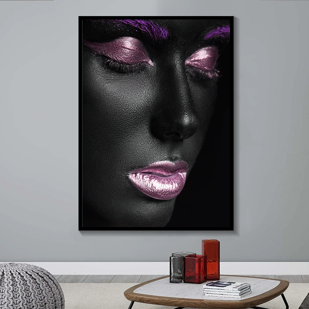 

Black Woman Canvas Painting African Purple Women Picture Poster and Printing Modern Wall Art for Living Room Home Decor Unframed