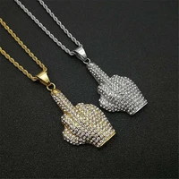 iced out bling middle finger pendant with chain stainless steel rhinestone gold color mens hip hop street jewelry dropshipping
