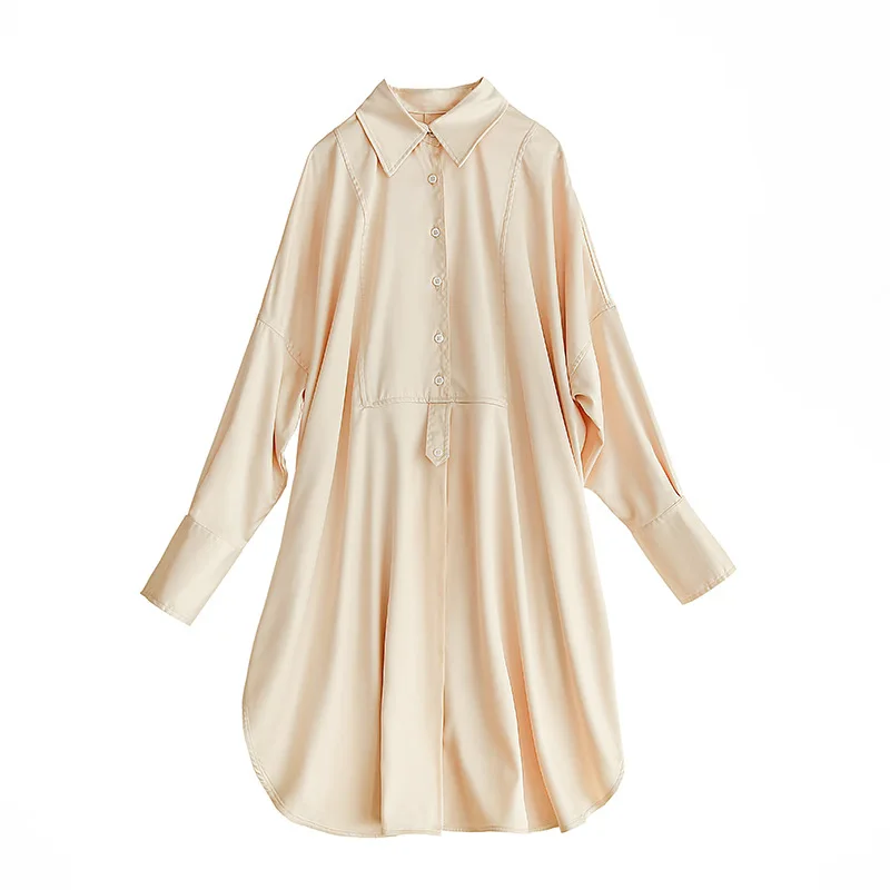 

Summer Women Silk Satin Dress Shirt Skirt Solid Color Long Shirt Plus Size Dress Long Dress Loose Women Dress