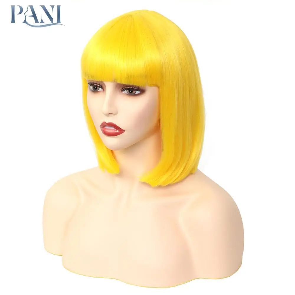 PANI желтый парик женские парики короткие прямые волосы боб синтетические с челкой