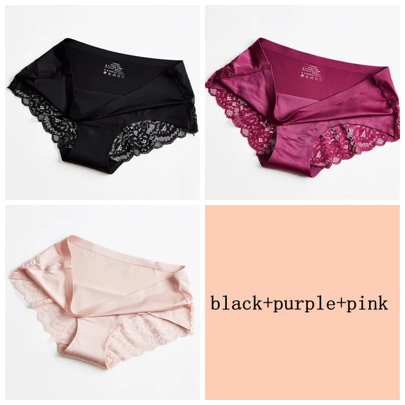 khaki black purple 3 шт., сексуальные кружевные бесшовные трусики, женские шелковые трусы, одноцветные трусы с низкой талией, нижнее белье, Летнее белье - Цвет: khaki black purple