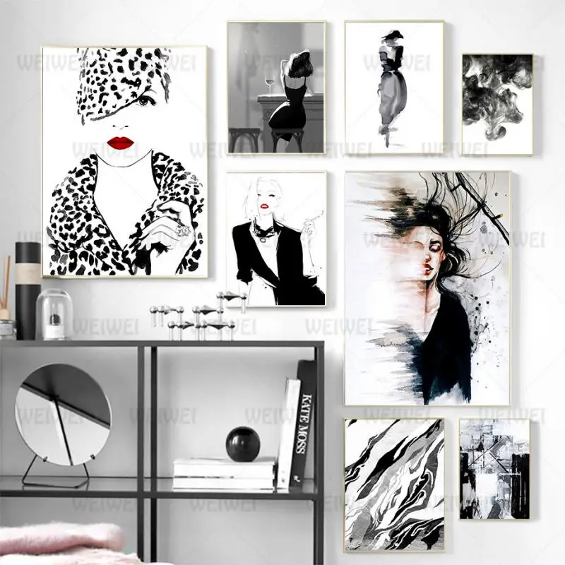 

Character Canvas Painting Black and White Fashion Lady Poster Home Decoration Living Room Bedroom Clothes Shop Wall Art Ornament