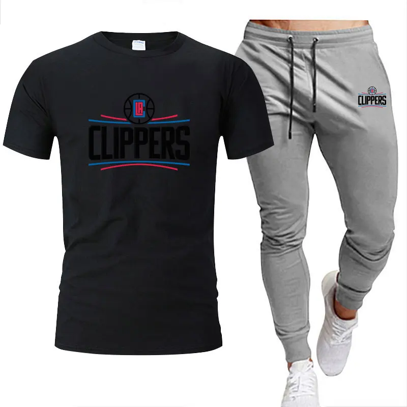 

Spring Summer Los Angeles Clippers Competition Men's Clothing Graphic Cotton Printing Oversized T-shirt+Trousers Sets Tracksuit