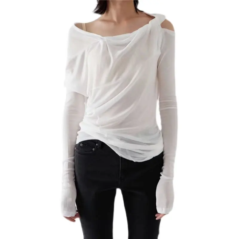 

SHENGPAPALE Wrinkles Irregular Tops Women's Summer Fashion New Style Slash Neck Collar Long Sleeve Pullover Slim Elegant T-shirt