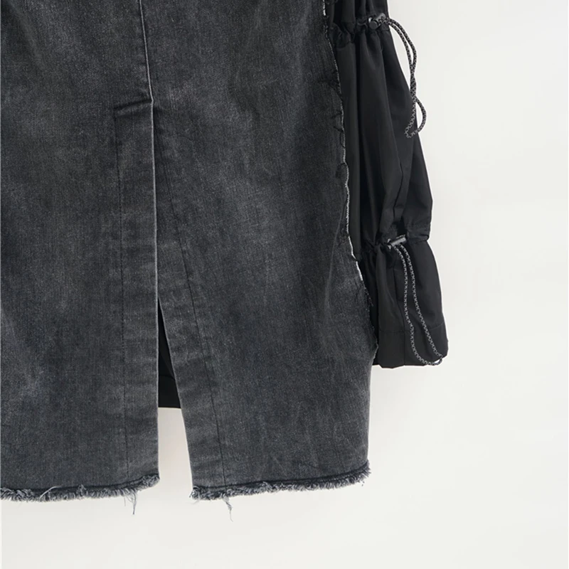 

TWOTWINSTYLE Casual Patchwork Nylon Drawstring Denim Skirt Female High Waist Korean Fashion Long Skirts Summer 2021 Clothing New