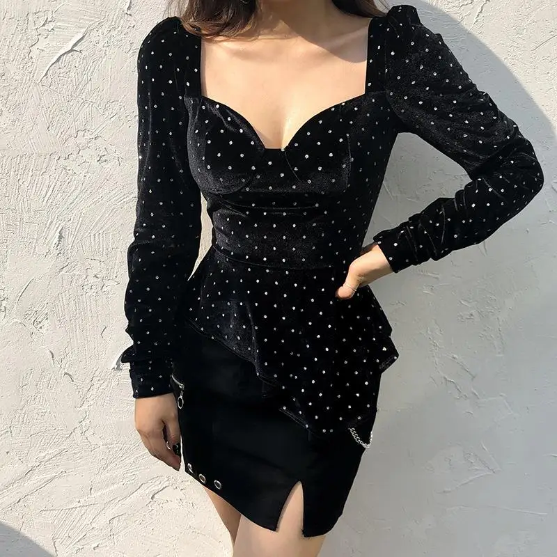 Rhinestone Deep V Sexy T-Shirt Women Harajuku Long Sleeve Tops Bodycon Backless Tshirt Slim Tee | Женская одежда