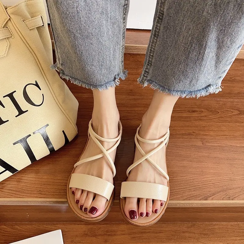 

Female Sandal 2021 Summer Comfort Shoes for Women Anti-Skid Soft Girls Outside Fashion Beige Flat Low New Casual Scandals Rubber