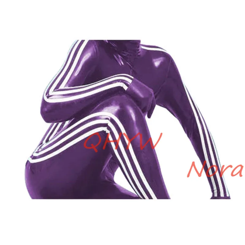 

Handmade Latex Catsuit Rubber Gummi Purple and White Bodysuit Size XXS-XXL for Women Custom Made