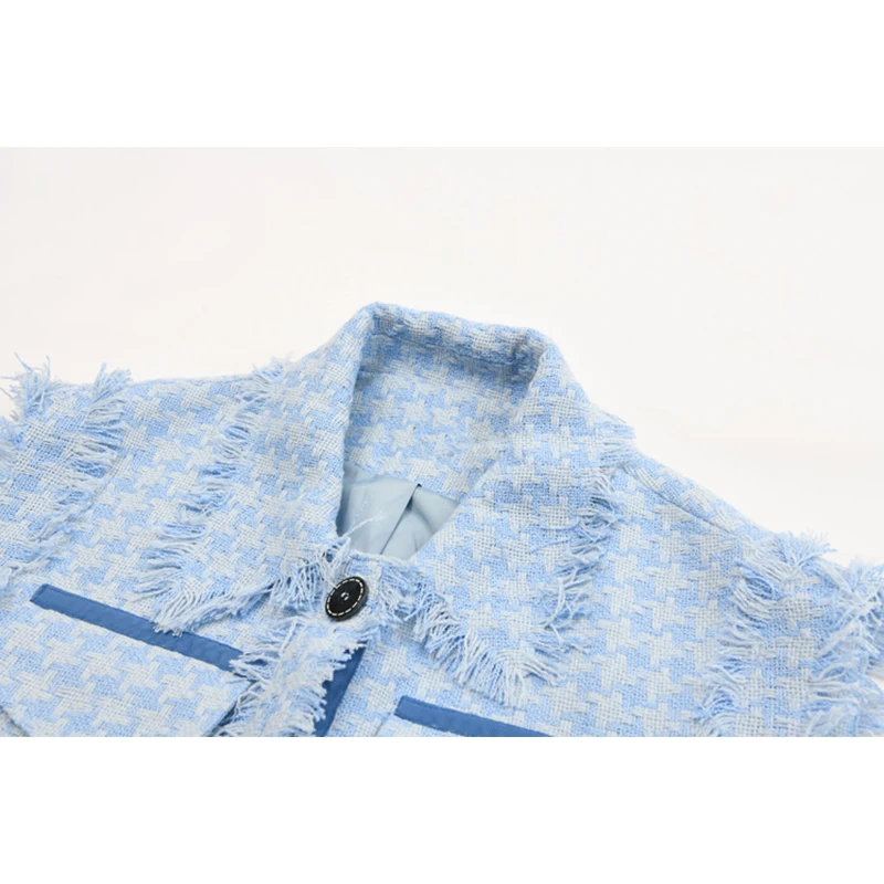 

[EAM] Plaid Tassels Half-body Skirt Two Pieces Suit New Lapel Sleeveless Blue Loose Women Fashion Spring Autumn 2021 1DD6819