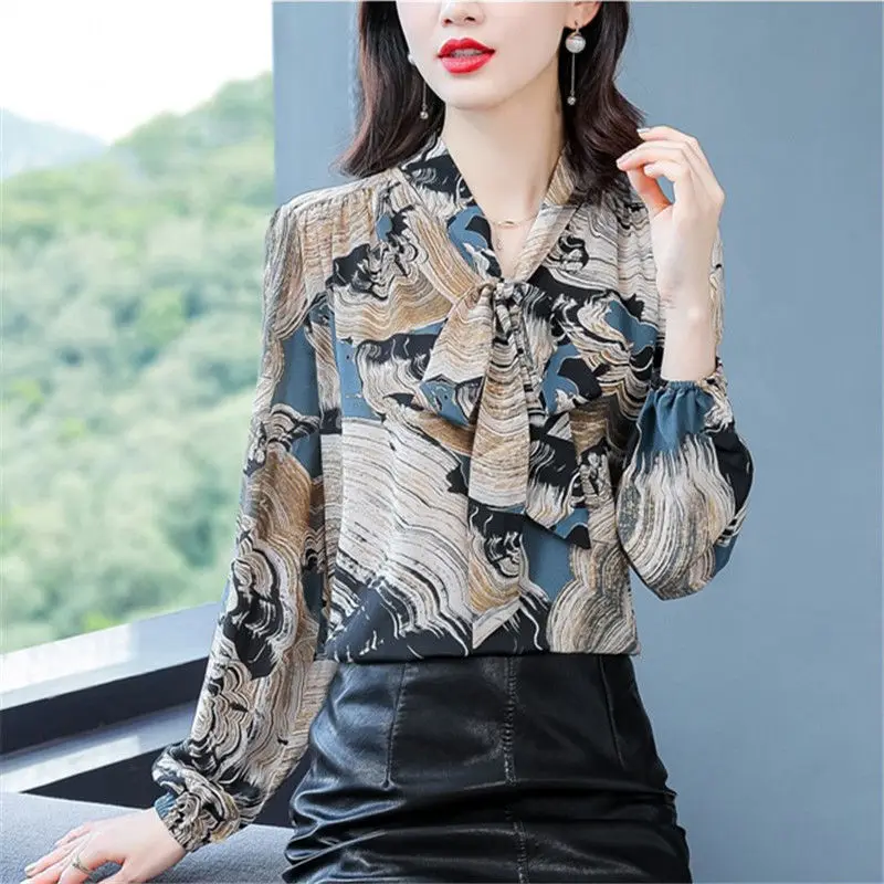 

Шифоновая рубашка, новинка 2021, женская модная рубашка в западном стиле с длинным рукавом и цветочным принтом, маленькая рубашка, Повседневн...