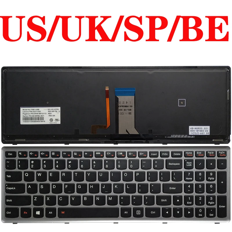 

US/UK/SP/Spanish/Belgium/BE laptop keyboard for Lenovo U510 U510-IFI Z710 NSK-BF1SU 0KN0-B62RU13 9Z.N8RSU.10R V-136520MS1