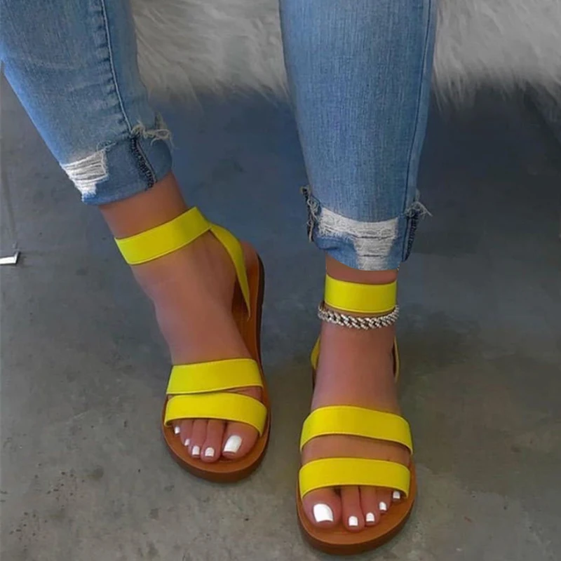 

Women Flat Rome Sandals 2022 Summer Beach Comfort Shoes Open Toe Fashion Elastic Bands Solid Color Ladies Sandals Female Shoes