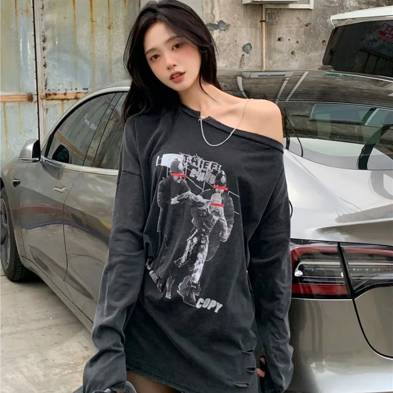 

2021 autumn Women's Clothing new Round neck diagonal shoulder chain long sleeves tees printing loose Solid color t shirts tops