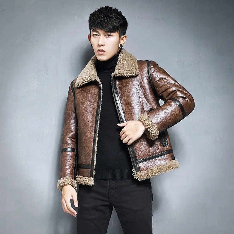 Высококачественная Мужская кожаная куртка из овечьего меха короткое меховое