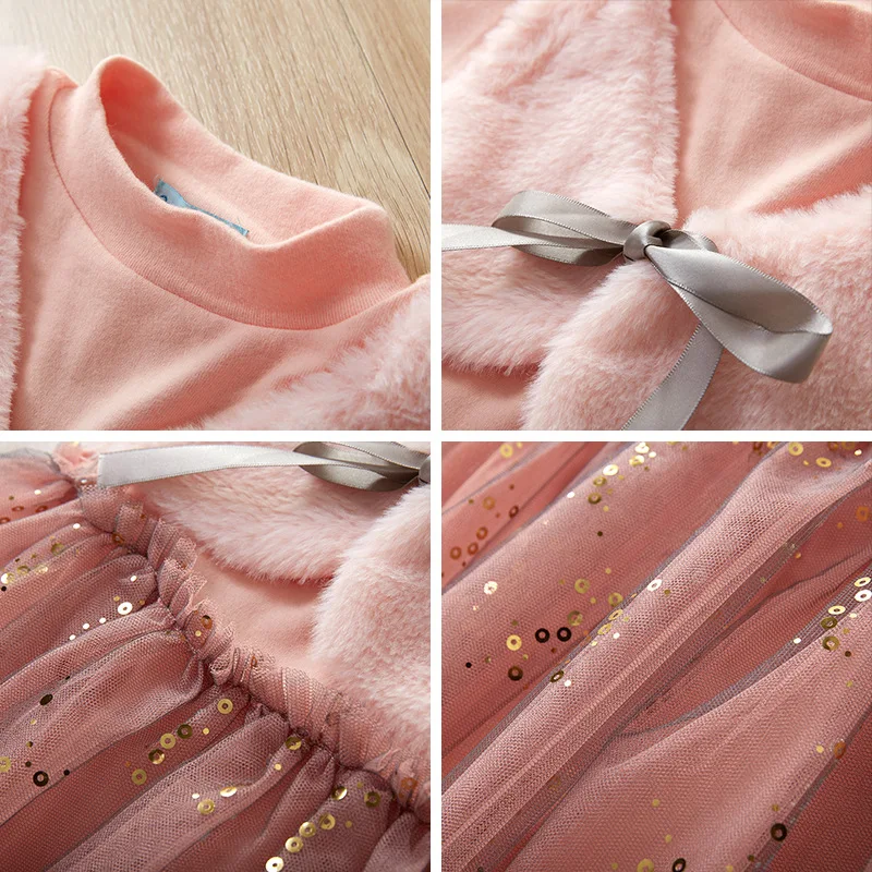 Платье для девочек Розовое меховое Сетчатое платье принцессы в стиле пэчворк