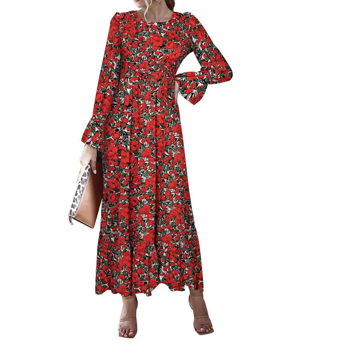 New Fashion Women Ladies Autumn Casual Loose Polka Dot/Floral Print Dress Female Puff Sleeve Mid-waist Long Black Red | Женская одежда