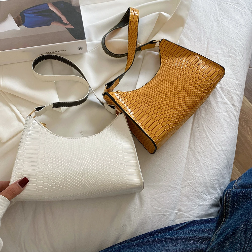 

Luxury Women Pure Color Shoulder Bags Small Alligator Pattern Hobos Armpit Bags Leather Zipper Shopping Handbags