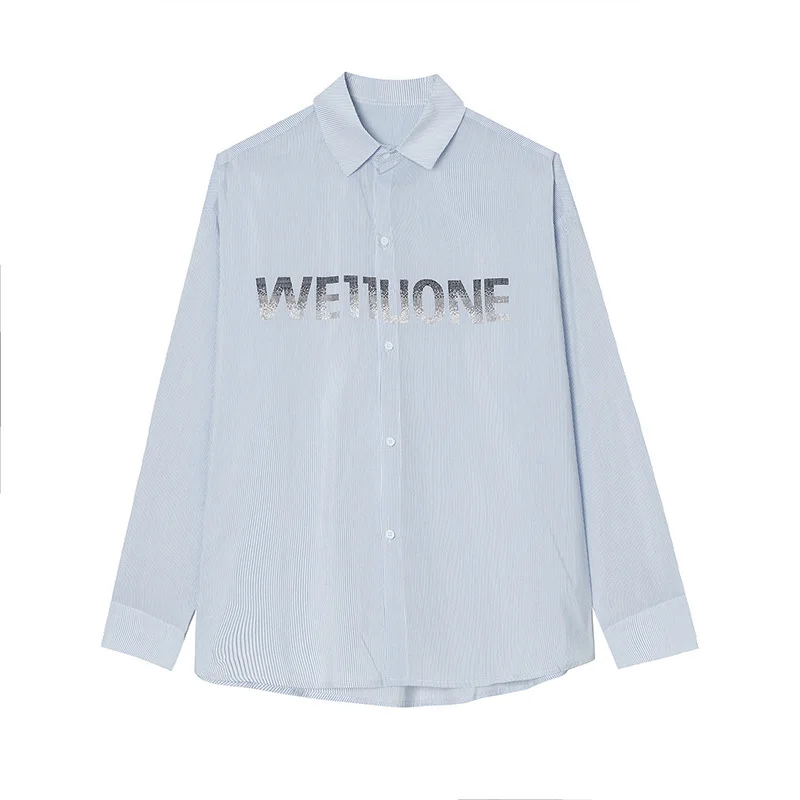 

IEFB Men's Clothing 2021 Spring New Shirts Versatile Loose Sequins Letter Blue White Stripe Casual Blouse Oversize Tops 9Y5752