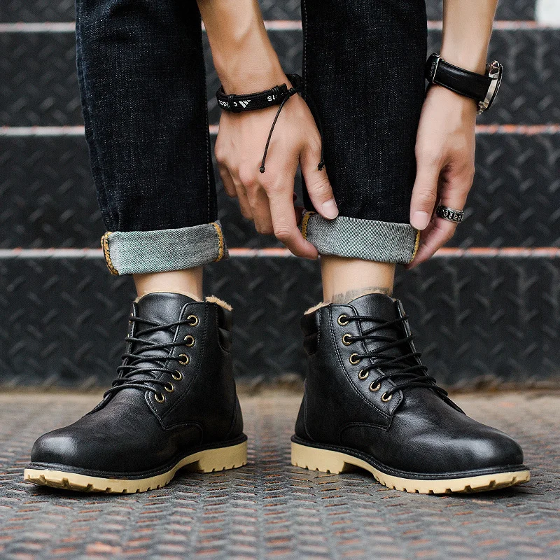 Качественные ПУ новые мужские зимние кожаные ботинки модные короткие плюшевые