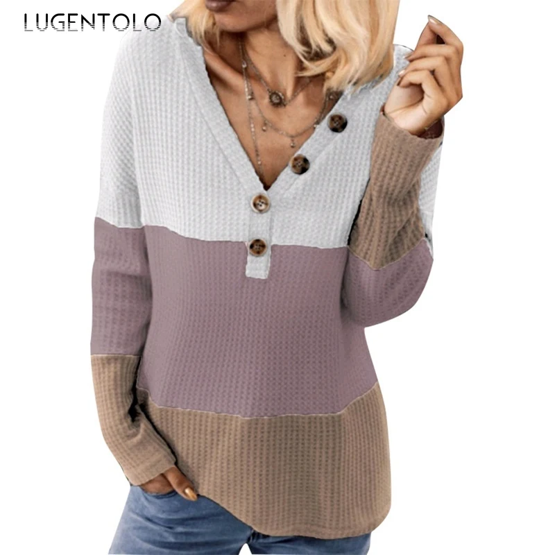

Lugentolo Women Sweater Autumn V-neck Splicing Loose Sweaters Casual Long Sleeve Knitted Twist Button Pullover Sweater