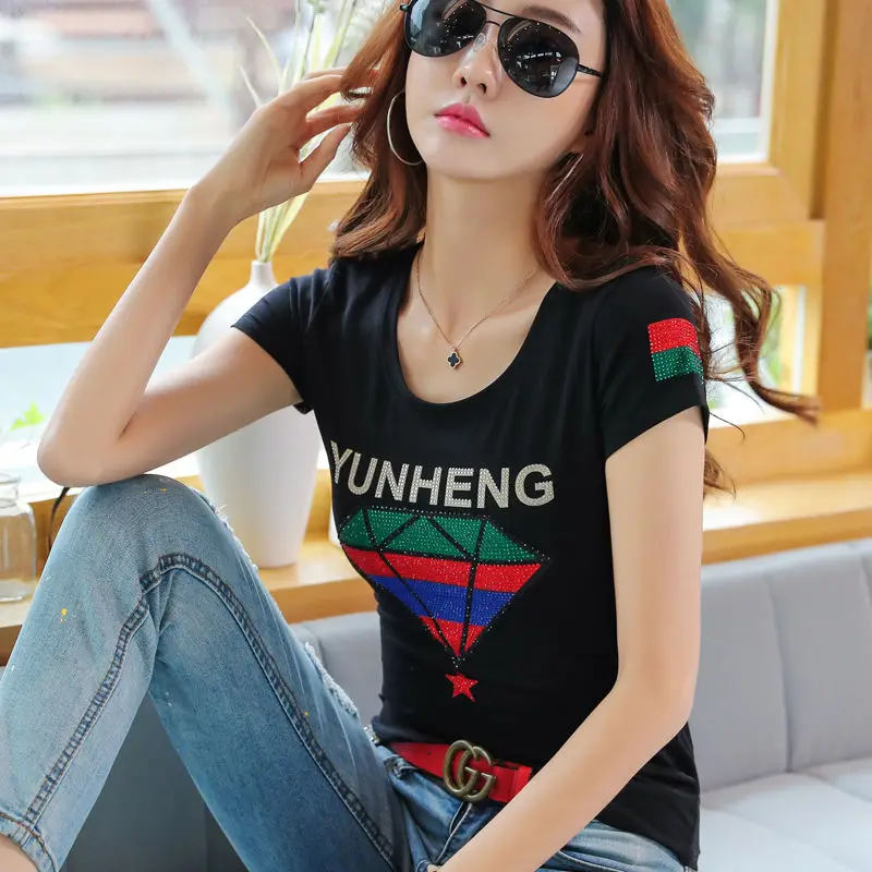 

Diamond inlaid short sleeve T-shirt women's half sleeve summer shirt new versatile T-shirt