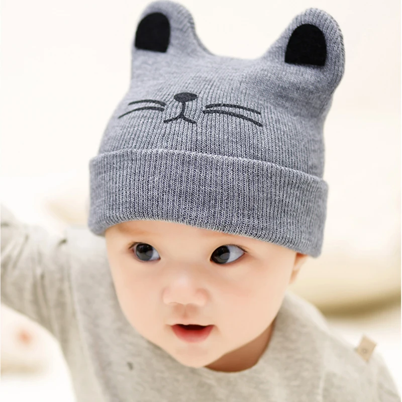 Cute Cat Knitted Woolen Baby Hats Turban Warm Bonnet Caps Solid Soft Hat For Childern Girls Boys Elastic Beanies Autumn Winter | Детская