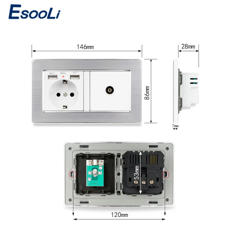 Esooli гнездо питания стандарта ЕС заземленная с женским ТВ разъемом 2100mA двойной USB