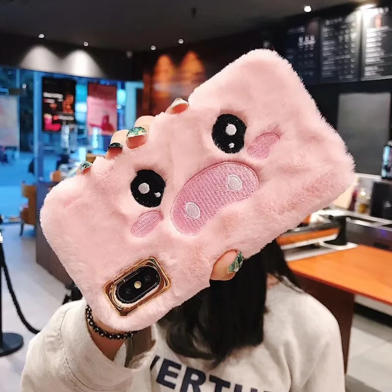 KISSCASE вышивка мультфильм свинья плюшевый теплый меховой чехол для телефона iPhone XS