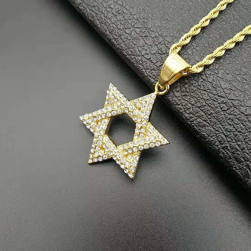 В стиле хип хоп Bling льдом Стразы Золотой нержавеющая сталь еврейская звезда
