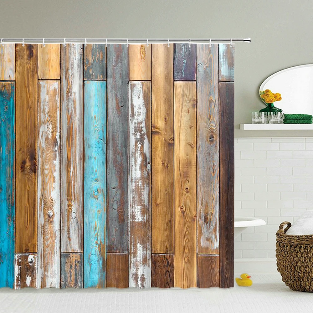 

3D Waterproof Bathroom Shower Curtain Old Wood Grain Brick Pattern Bath Curtains for Bathtub Bathing Screen Large Wide 12 Hooks