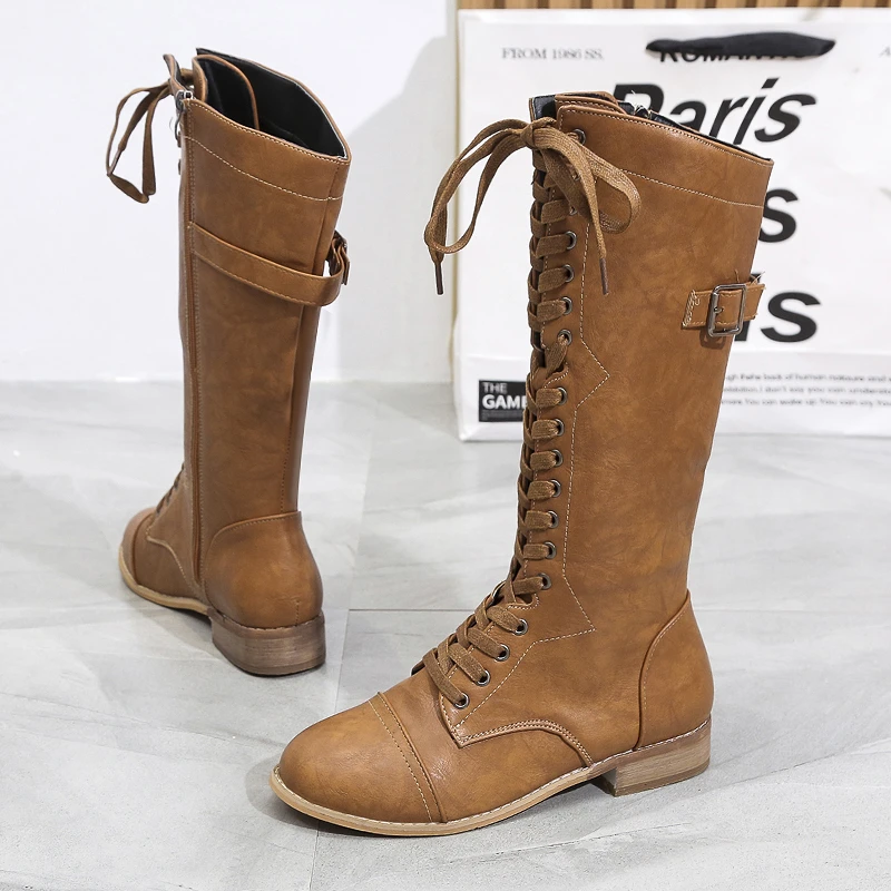 

Sexy Steampunk Autumn Winter Lace Up Flat Shoes Women Knee High Boots PU Retro Buckle Ladies Knight Boots Zapatos De Mujer