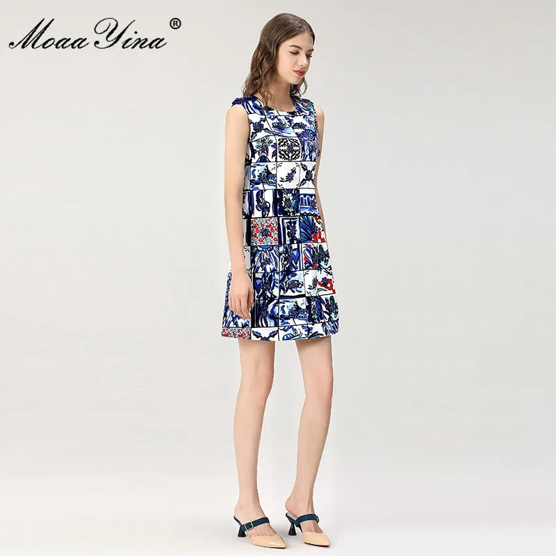

MoaaYina New 2021 Summer Runway Mini Dress Women's Short sleeve Beading Blue Plaid Floral print Elegant Mini Dress